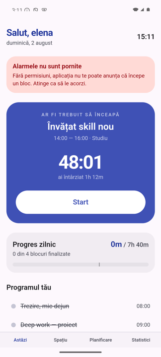 Ecranul Astăzi cu blocul curent
